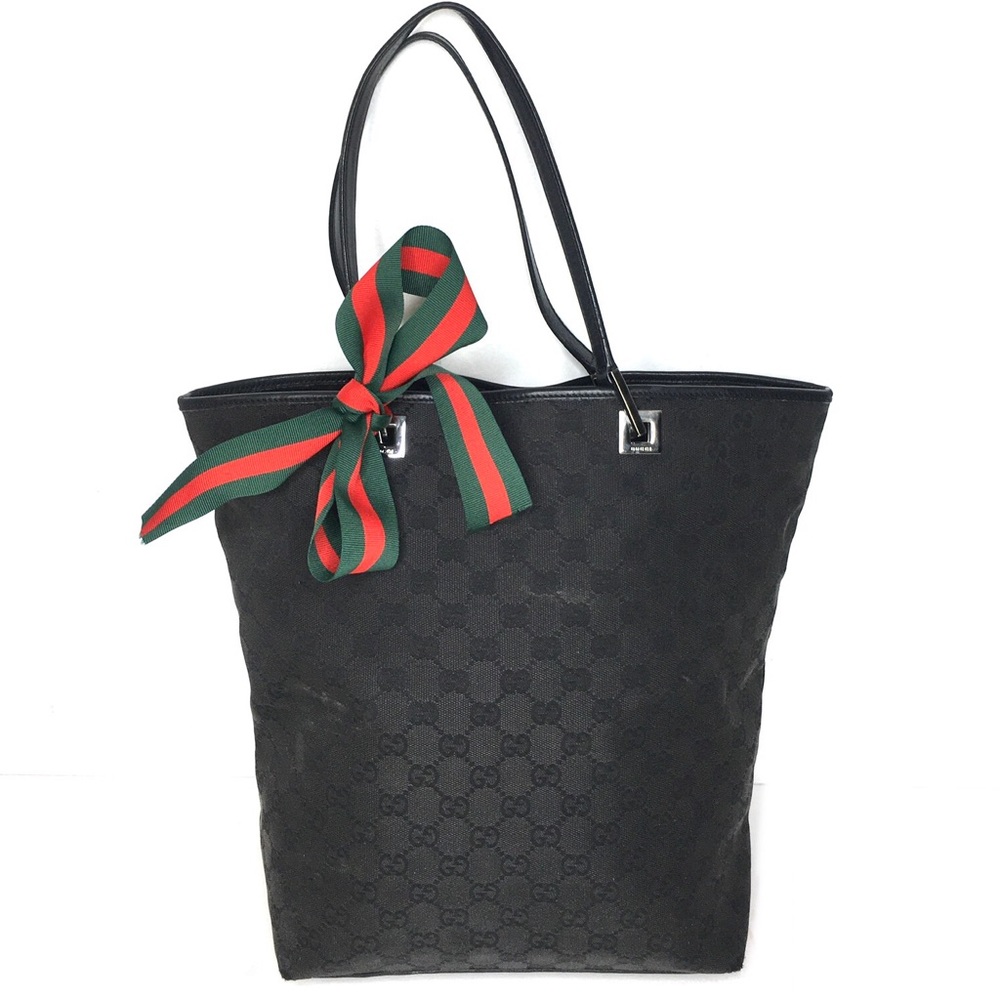 Authentic Gucci black monogram canvas tote black leather